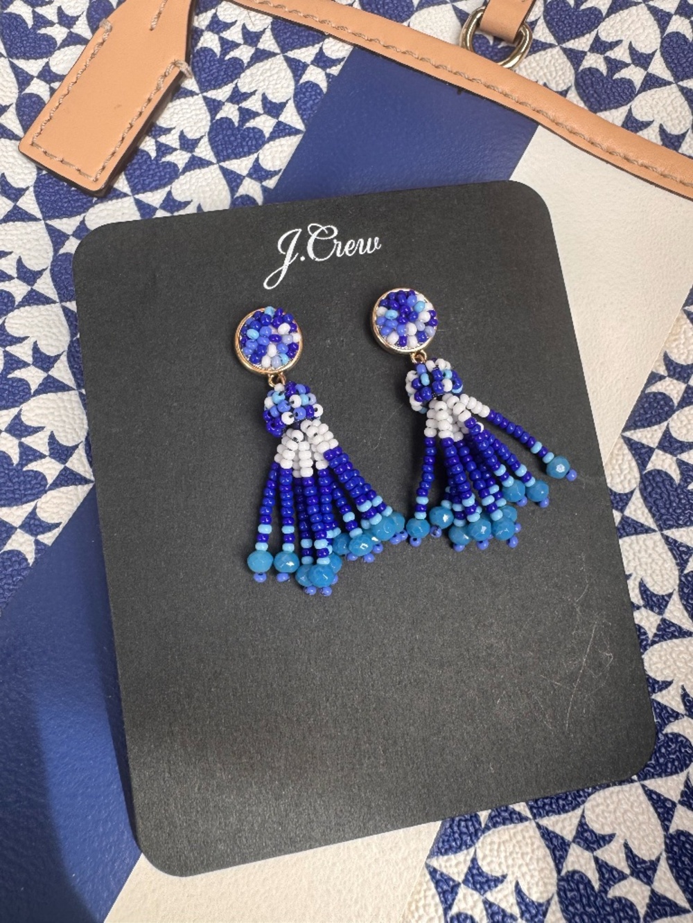 J.Crew Blue Beaded Tassel Earrings Statement Coastal Resort NWT